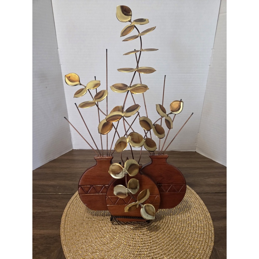 Vintage HOMCO Retro Brass Eucalyptus Leaves Sculpture Hopi Wood Planter - Picture 1 of 9
